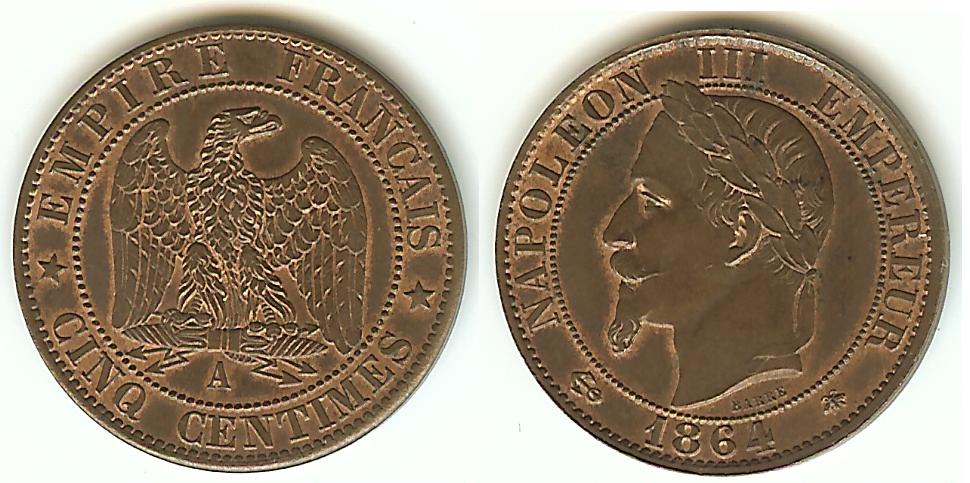 Cinq centimes Napoléon III, tête laurée 1864 Paris SPL+